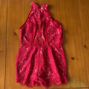 Red Lace Open Back Halter Romper